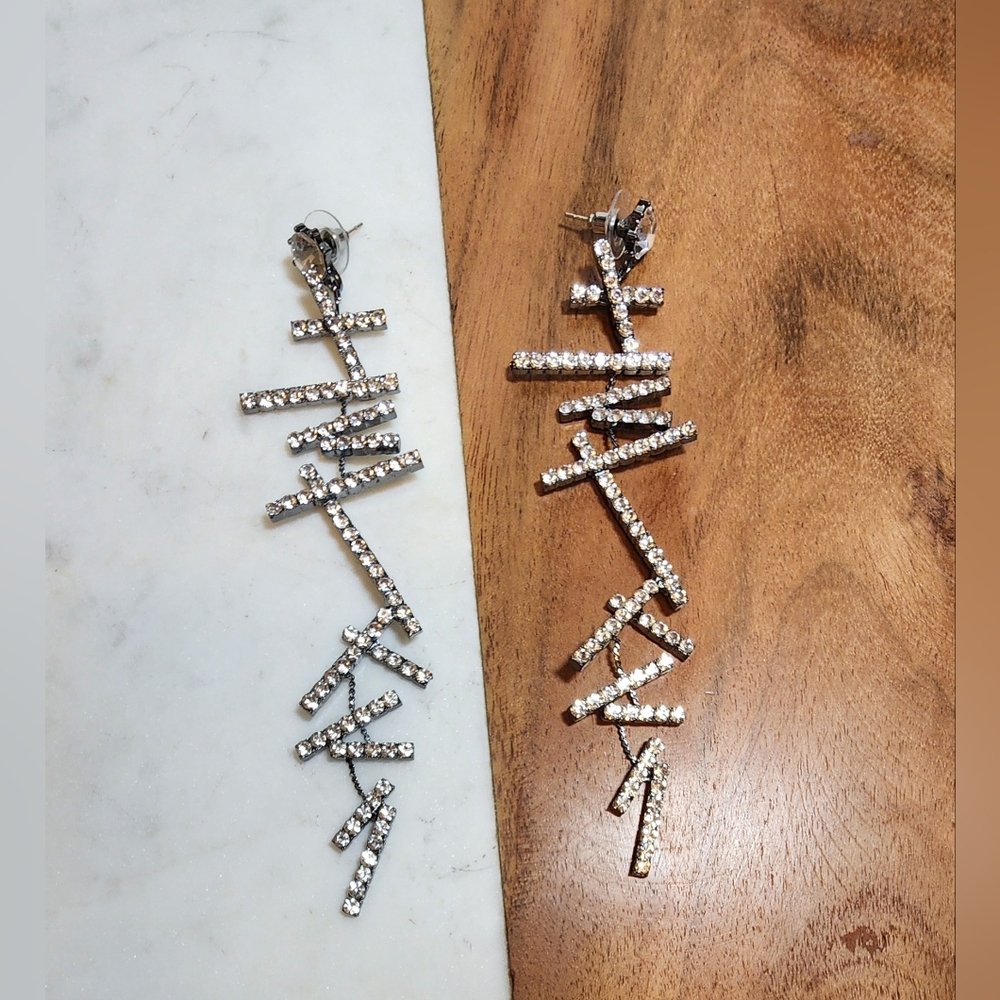 Gunmetal Crystal Rhinestone Statement Drop Earrings – Long Geometric Design